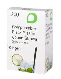 Compostable Black Plastic PLA Spoon Straws (Box of 200)